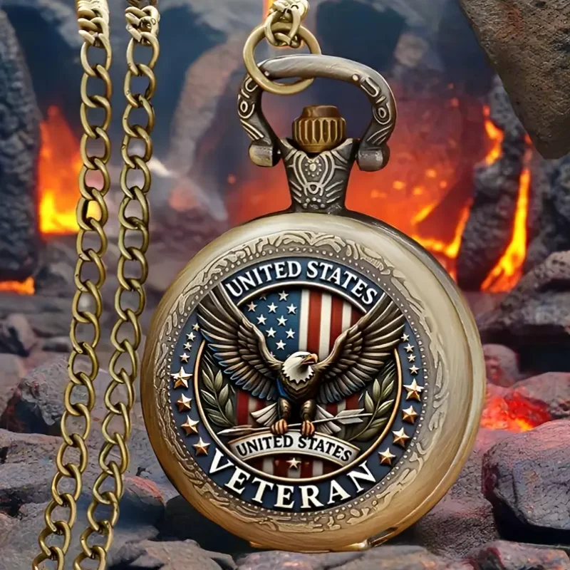 Vintage Bronze American Flag Design with Eagle Mini Pocket Watch Necklace - Steel Quartz Movement, Non-Waterproof Watch for Men