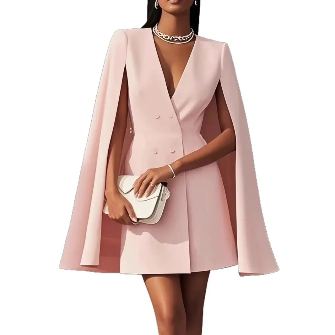 2025 Nieuwe Double Breasted Cape Sjaal V-hals Effen Kleur Pak Jurk Vrouwen Pendelen Temperament Afslanken Mode Lange Jurk
