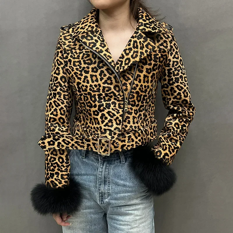 

2023 New Women Genuine Sheepskin Leather Jacket Fashion Winter Leopard Print Leather Coat with Fox Fur Cuffs Lady Autumn GT6321