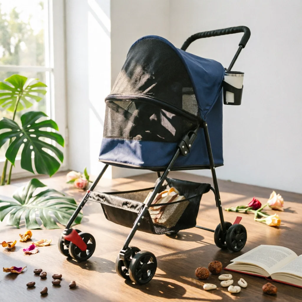Pet Stroller with Cup Holder Foldable Pet Stroller with Storage Basket Collapsible Smooth-Rolling for Small Dogs, Outdoor Walks