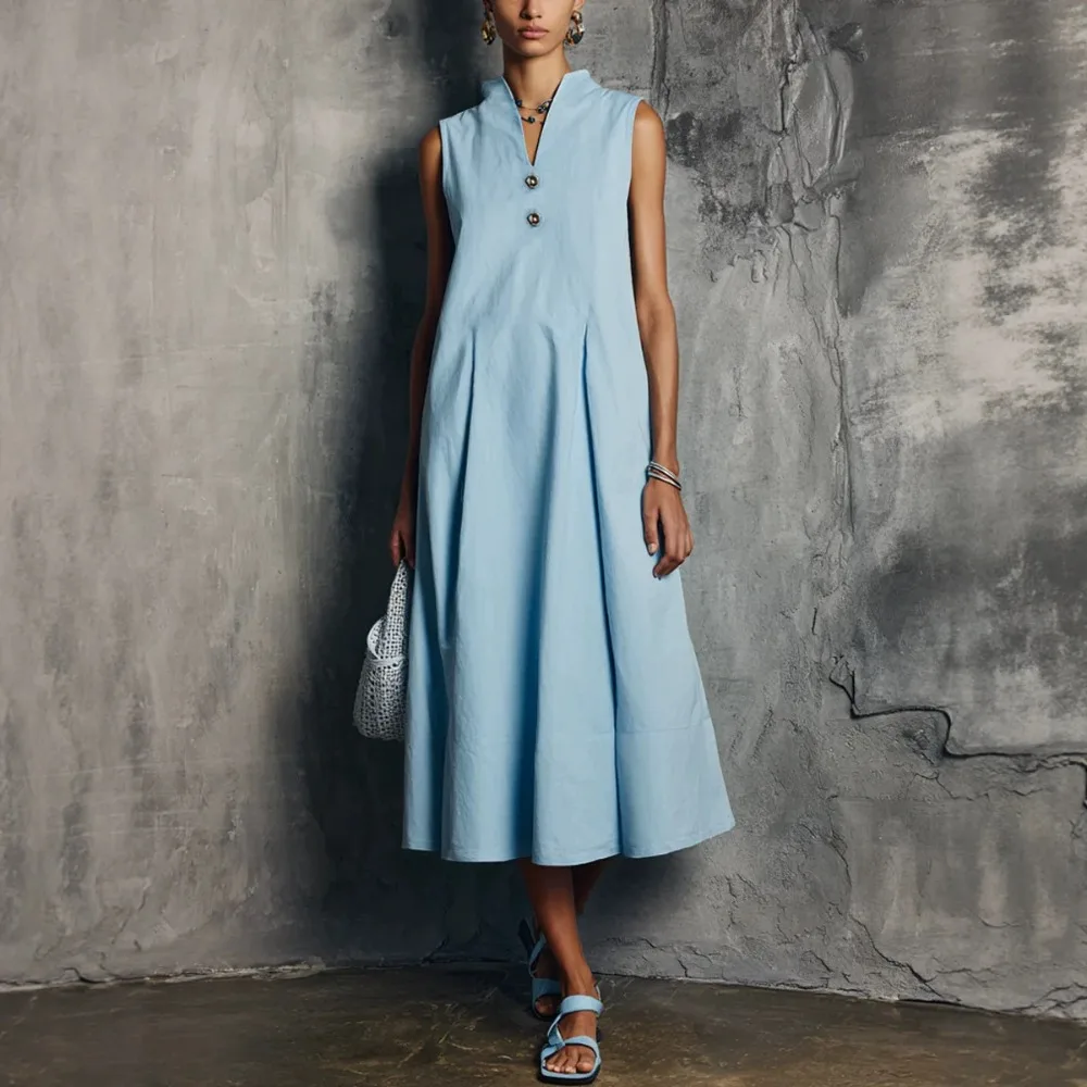 Women's Elegant Solid Midi Dress Fashion Stand Collar Sleeveless Half Button Pleated A Line Loose Summer Beach Vacation Sundress