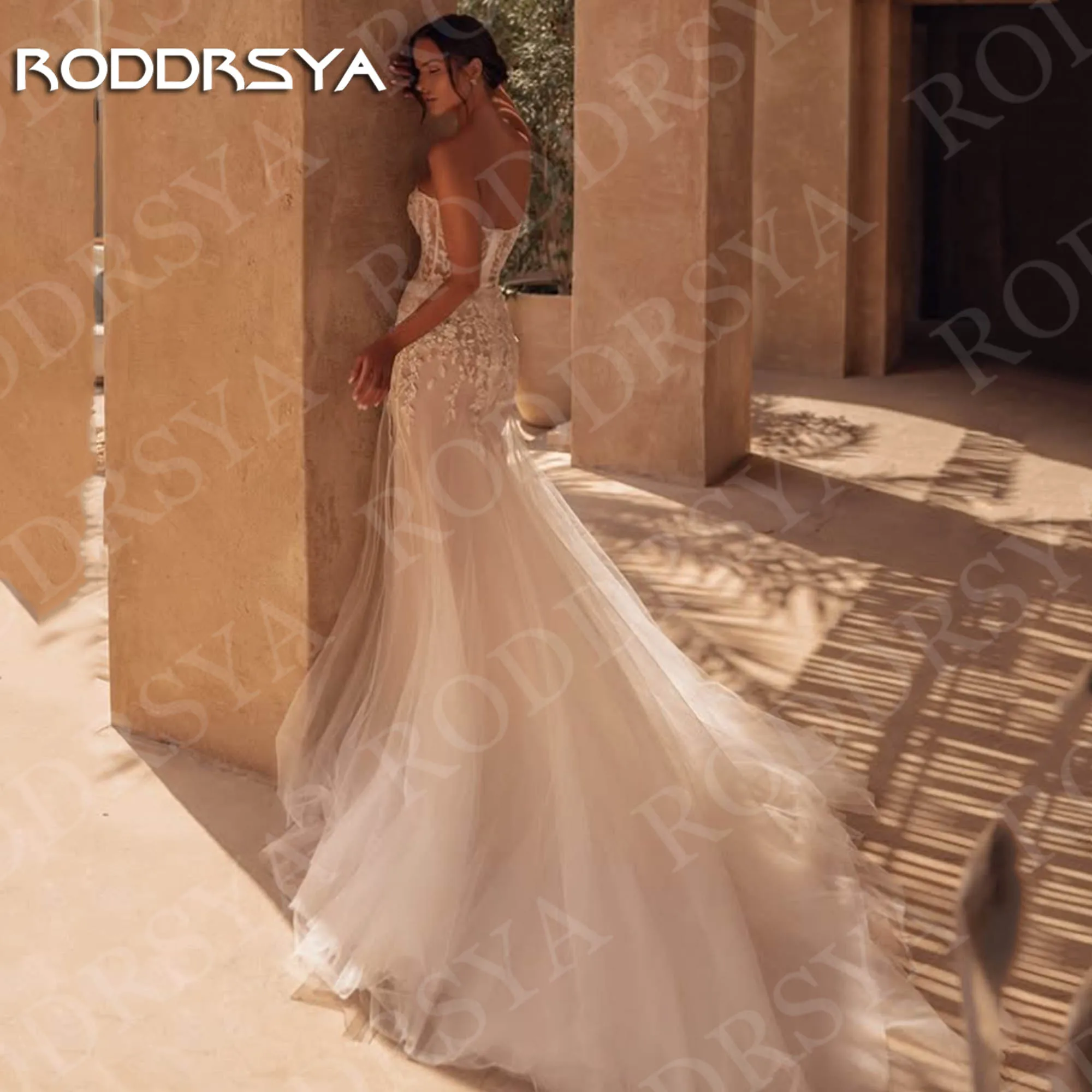 RODDRSYA Elegant Mermaid Wedding Dress for Bride robe de mariée Romantic Strapless Lace Appliques Tulle Bridal Gown Customized