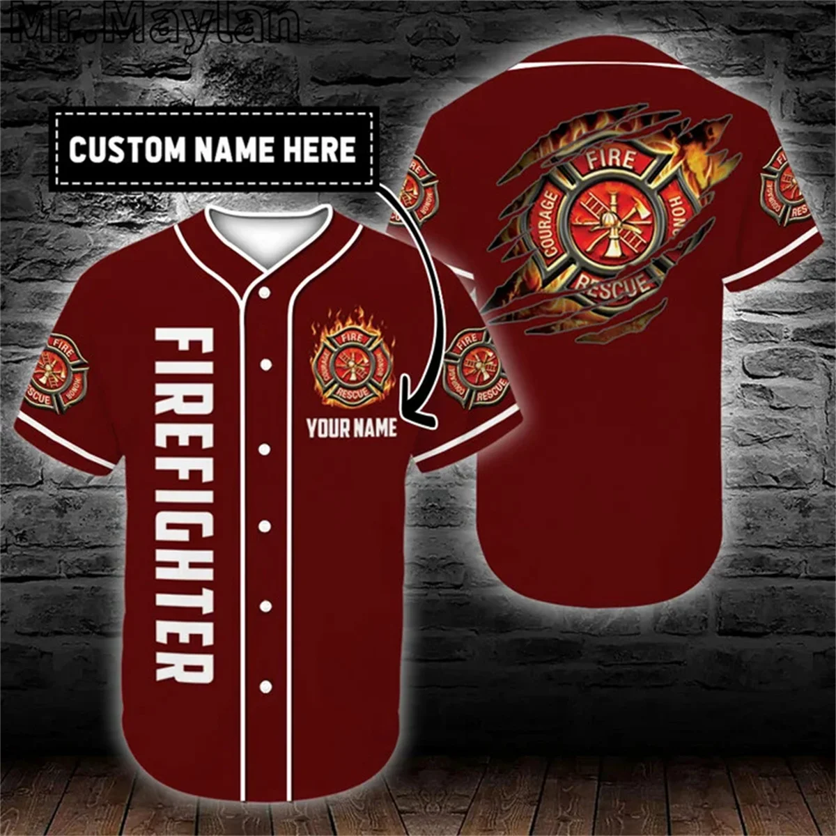 Custom Name Cosplay Costume Firefighter Baseball Tee Jersey Shirt 3D Print Firefighting Men's Shirt Casual Shirts hip hop Tops-1