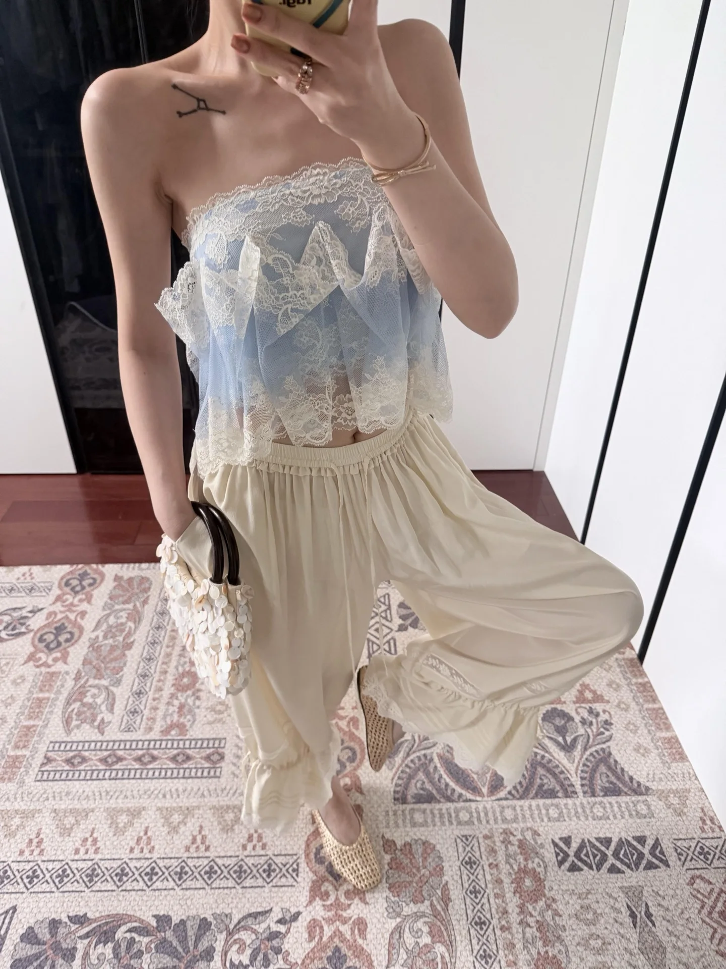 Women's Mesh Lace Spliced Strapless Sleeveless Casual Top