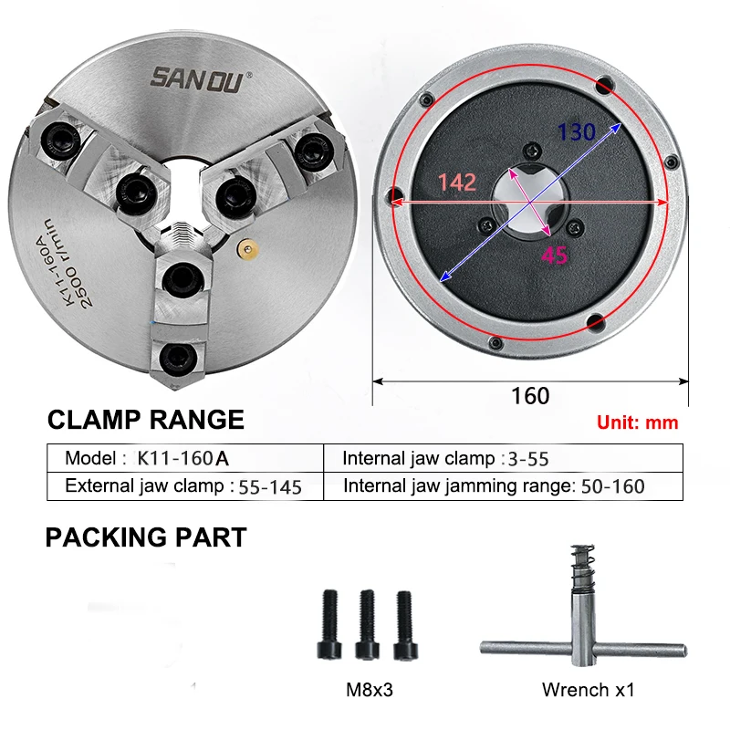 Lathe Chuck 160mm SANOU Brand 3 Jaw Self-centering K11-160A with Detachable Jaw Scroll Chuck for CNC Lathe Machine Manual Steel