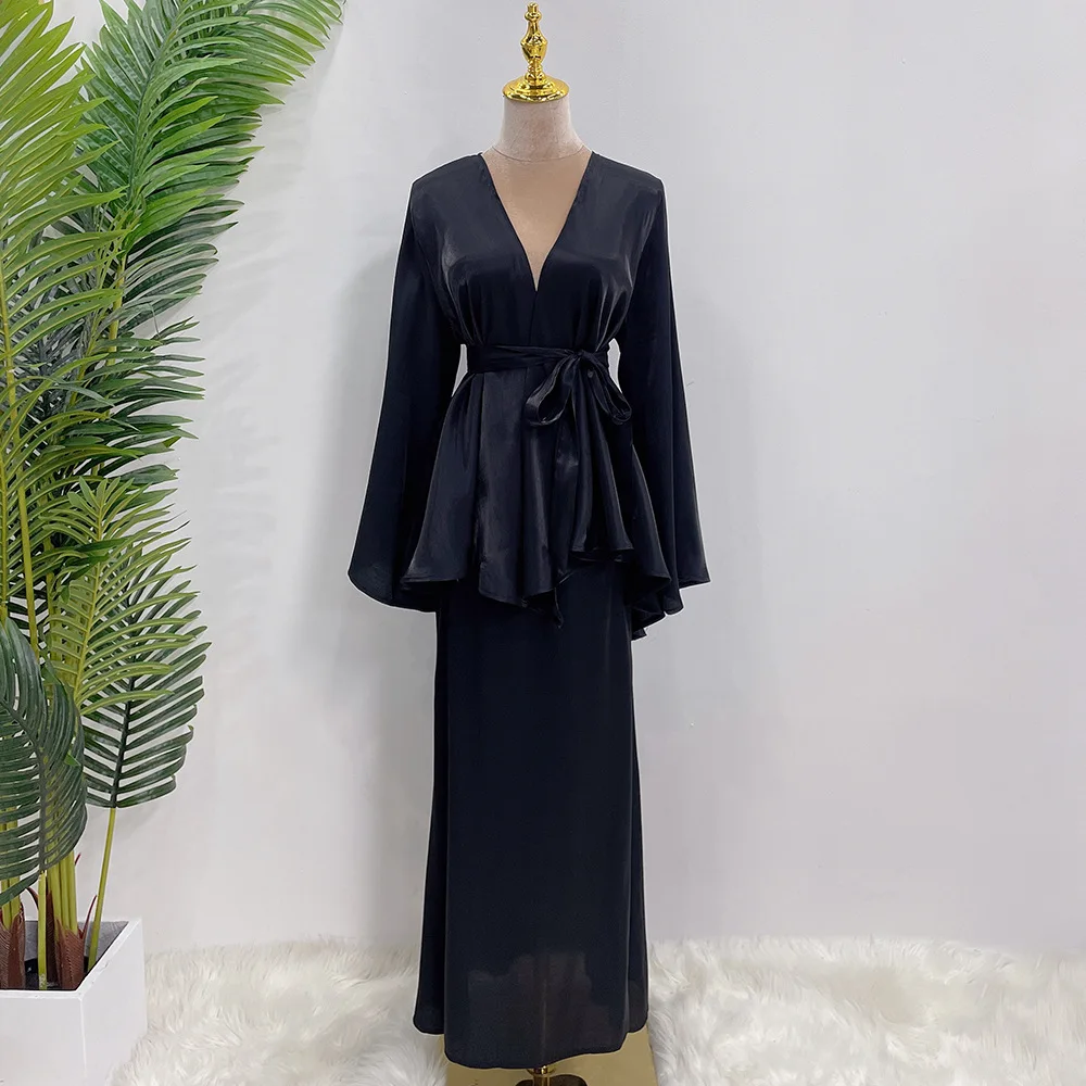 Imagem -04 - Vestido Abaya Muçulmano com Top e Saia com Cinto para Mulheres Roupas Islâmicas Terno Ramadan Kaftan Conjuntos Abaya Dubai Quimono Peças