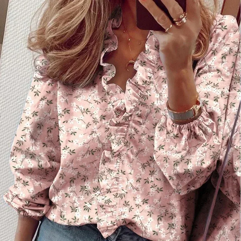 Sweet Ruffles Shirt for Women, Elegant Blouse, Floral Letter Print, Long Sleeve, White Tops, Loose Clothes, Spring Autumn, 18246