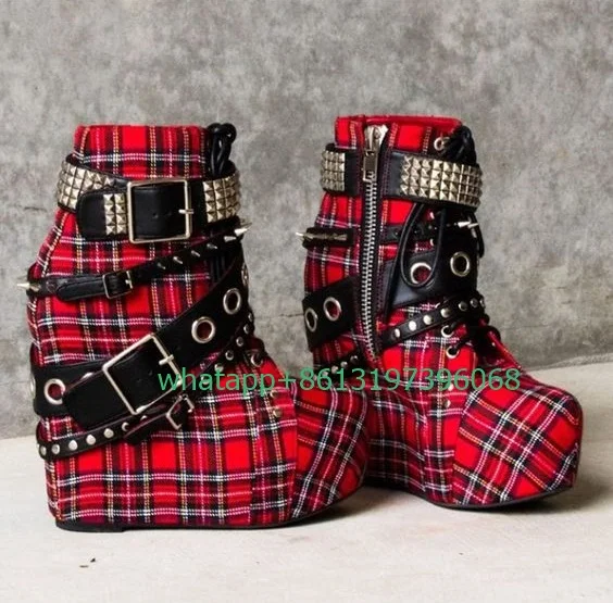 Lady red plaid metal stud design wedge heel pumps metal design spikes sexy platform side zip boots sneakers pumps size 35-46