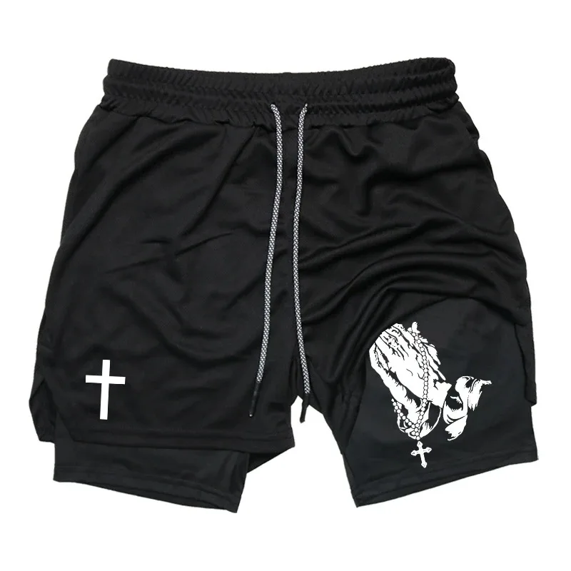 Print 2-in-1 Running Workout Shorts for Men Christian Gym Athletic Performance Shorts with Phone Pocket Towel Loop Activewear