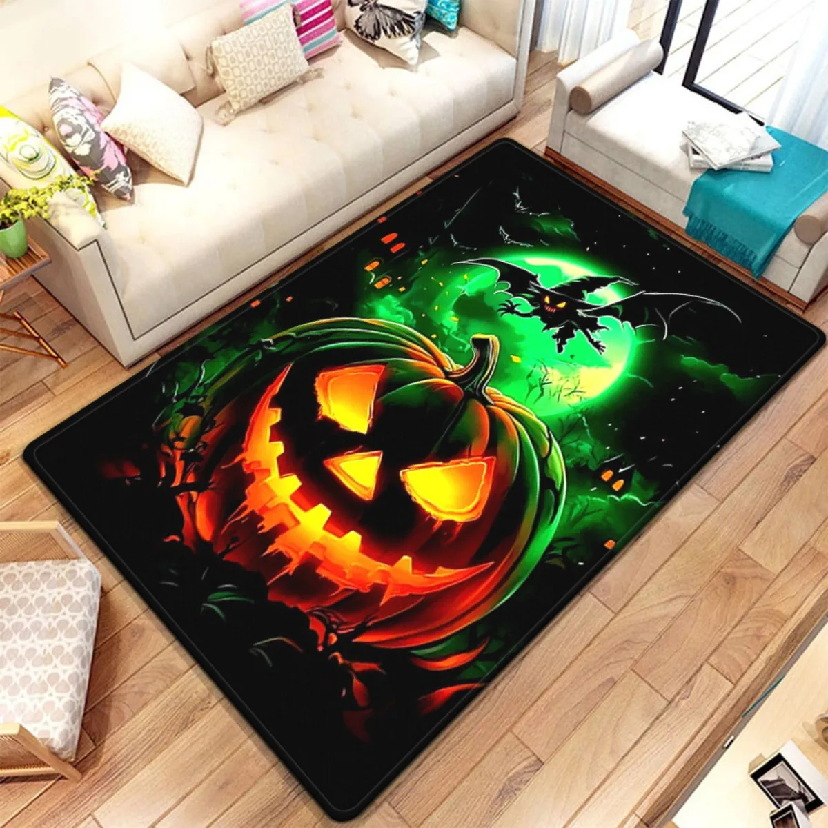 VIKAMA Jack‑O‑Lantern Floor Rug,Anti‑Slip Rectangle Mat,Scary Bat Green Night Moon Print Carpet Indoor Halloween Festival Decor