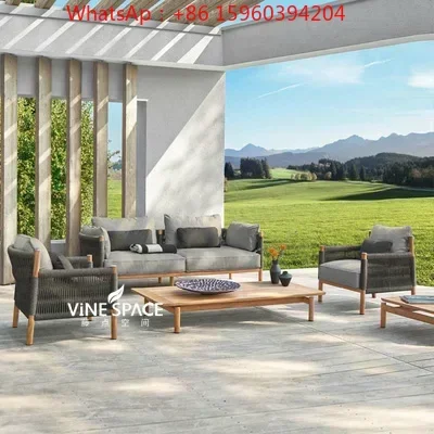 Customized outdoor solid wood teak rattan sofa rattan chair single coffee table log waterproof sun protection courtyard garden