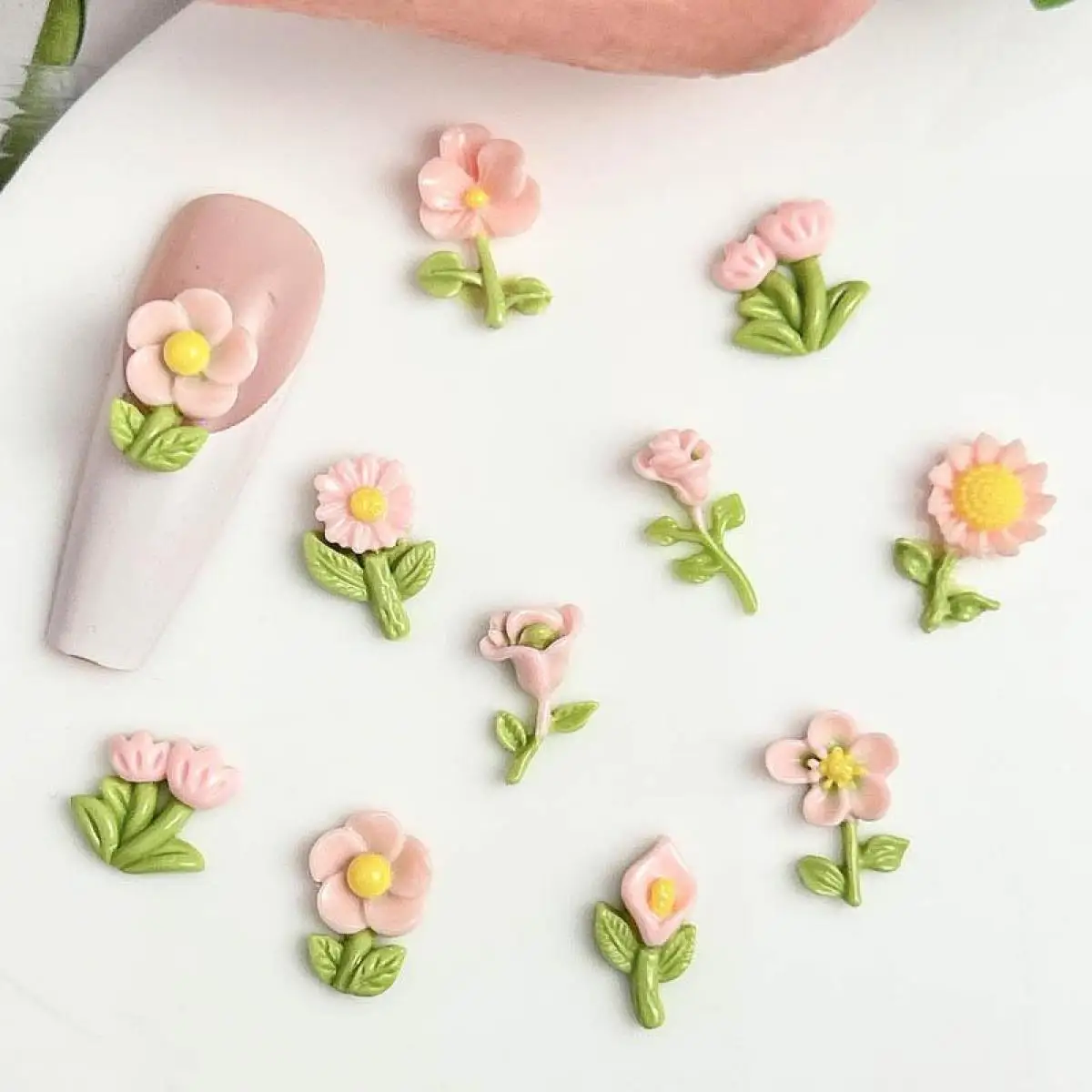 

Mixed Resin Kawaii luminous Green Leaf Pink Rose Nail Charms 3D Sweet Tulip Crabapple Nail Art Decoration DIY Crafts Accessories