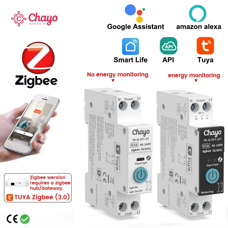 Chayo Tuya Zigbee Smart Circuit Breaker 1P+N 6A-63A SY1 DIN‑Rail Energy kWh Volt‑Amp Monitor Timer Voice Remote Home Protection