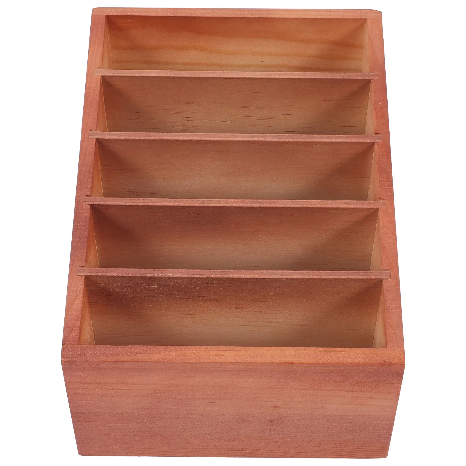 

5-Compartment Desktop Light Brown Wooden Box for Office Phone Cards Desktop Organizer Pens Scissors Storage Container