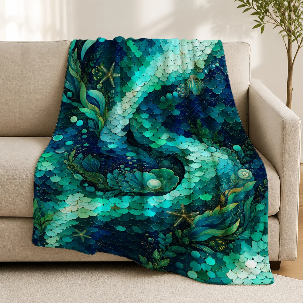 Teal Mermaid Scale Throw Blanket Ocean Life Aquatic Deep Sea Pattern Sofa Decor Cozy Winter Throw for Living Room Home Accent