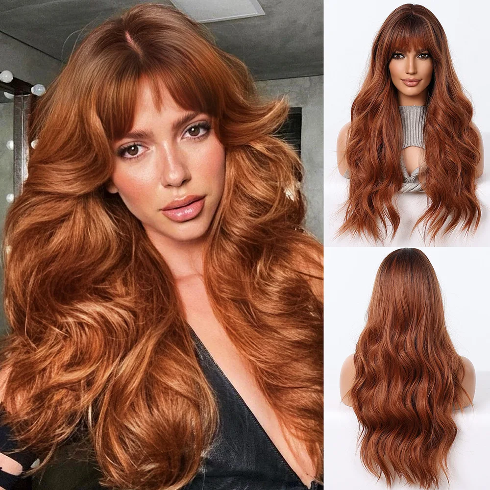 

Popular wig female Qi bangs gradual change brown long curly hair European and American fashion daily women wig full headgear