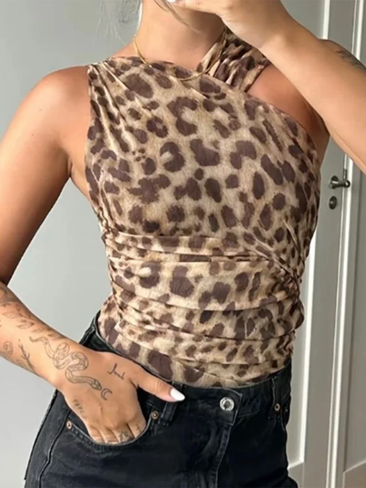 Frauen Bodysuit Leopard ärmellose Sex Rüschen Falten asymmetrische schlanke Stram pler Frauen 2024 Sommer Strand Overalls weibliche Bodys