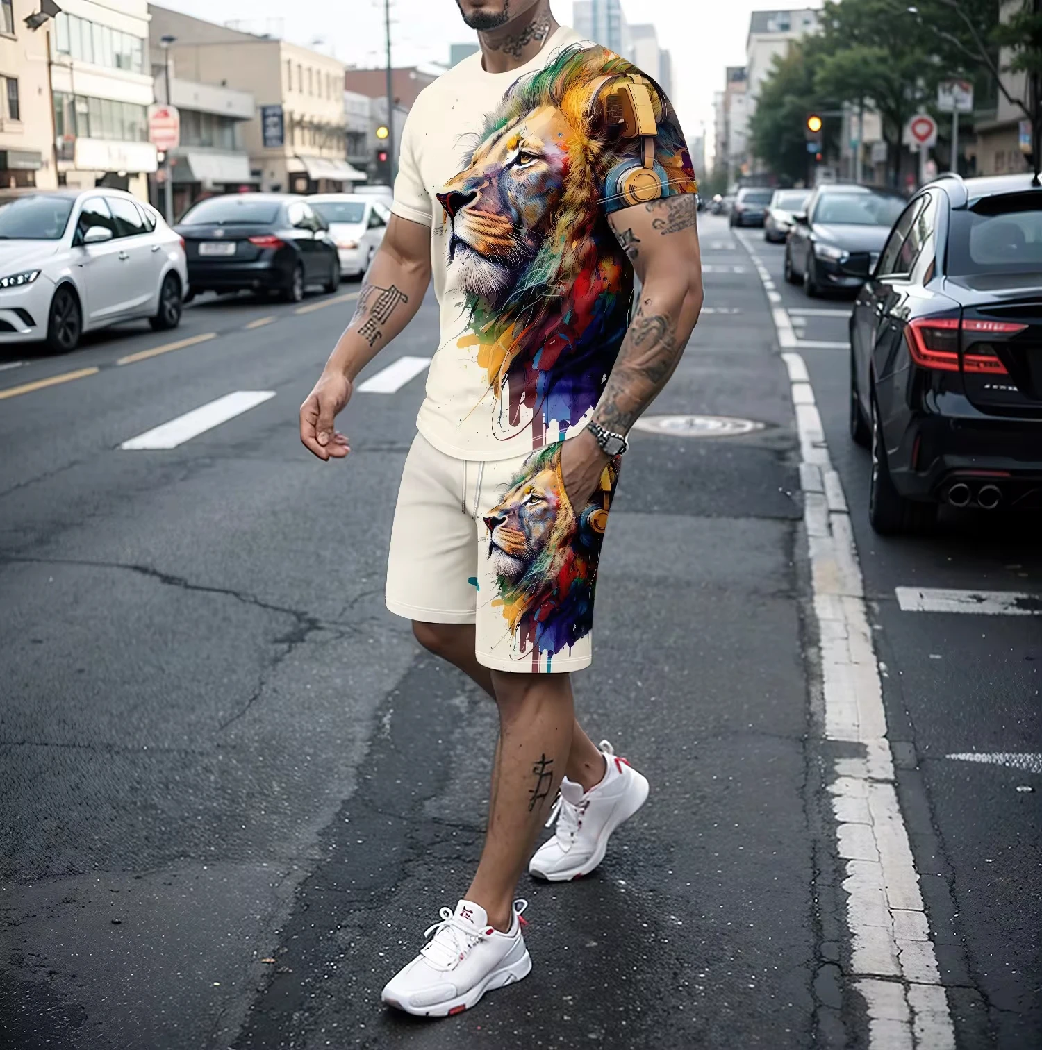 

Summer New 3d Tiger Lion Print Men's Round Neck Short Sleeved T-Shirt Shorts Set 2-Piece High-Quality Casual Street Sports Set