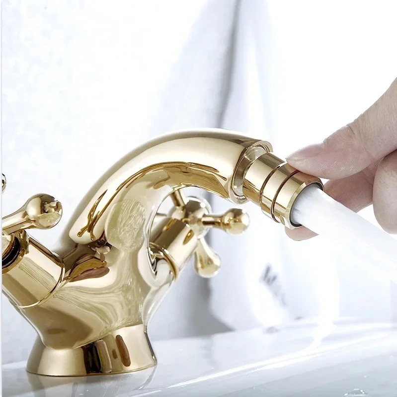 

Brass European Style Double Handle Single Hole Basin Faucet Gold Basin Tap Cold and Hot Mixer Bidet Faucet Toilet Crane