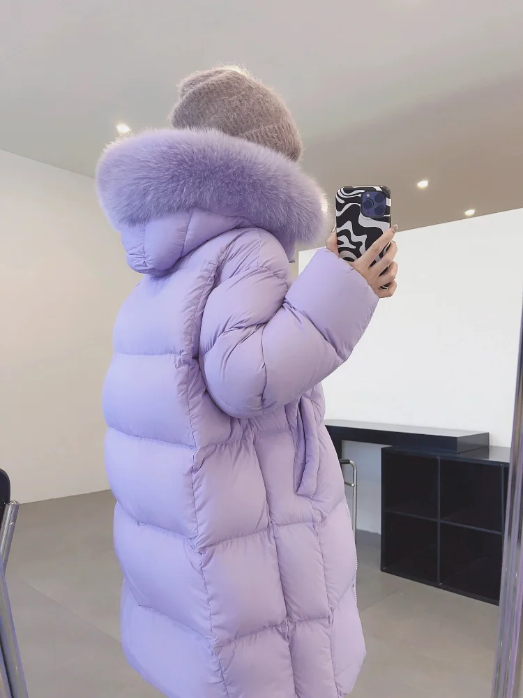 New 2024 Winter Women Long Puffer Jacket Fox Big Fur Collar Thick Warm Hooded Parka White Duck Down Loose Casual Long Down Coats