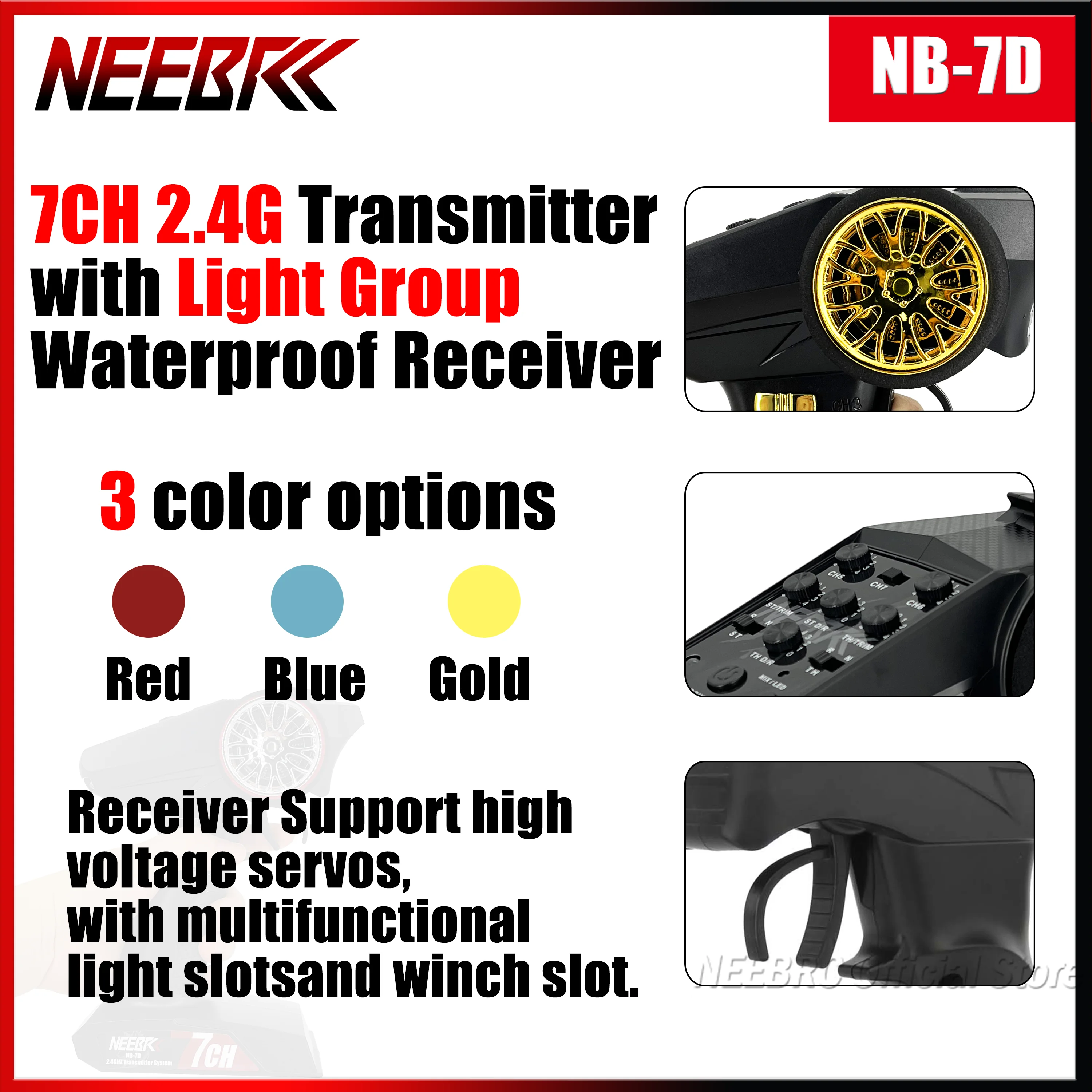 

NEEBRC 7CH 2.4G NB-7D Transmitter Remote Control with 7CH Light Group Waterproof Receiver for RC Car Boat Robot Model Toy Parts
