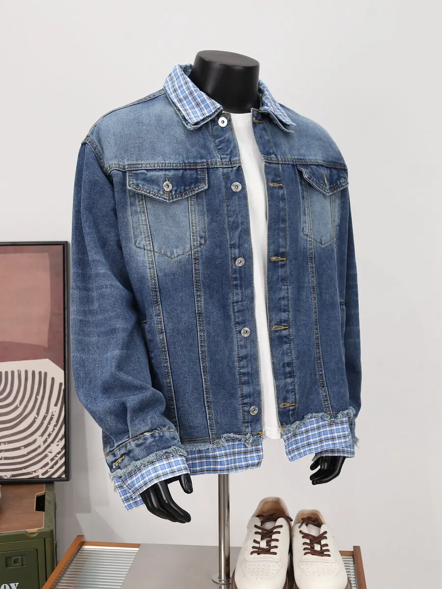 

Double Layer Collar Patchwork Jeans Jaet Loose Workwear Coat for Men And Women High Street Sle Autumn Faion Casual Jean...