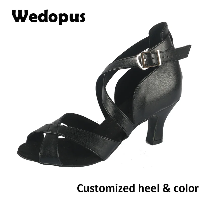 Wedopus Ladies 6CM Chunky Heel Leatherette Street sole Peep Toe Dance Shoes Black Fashion Dancing Sandals