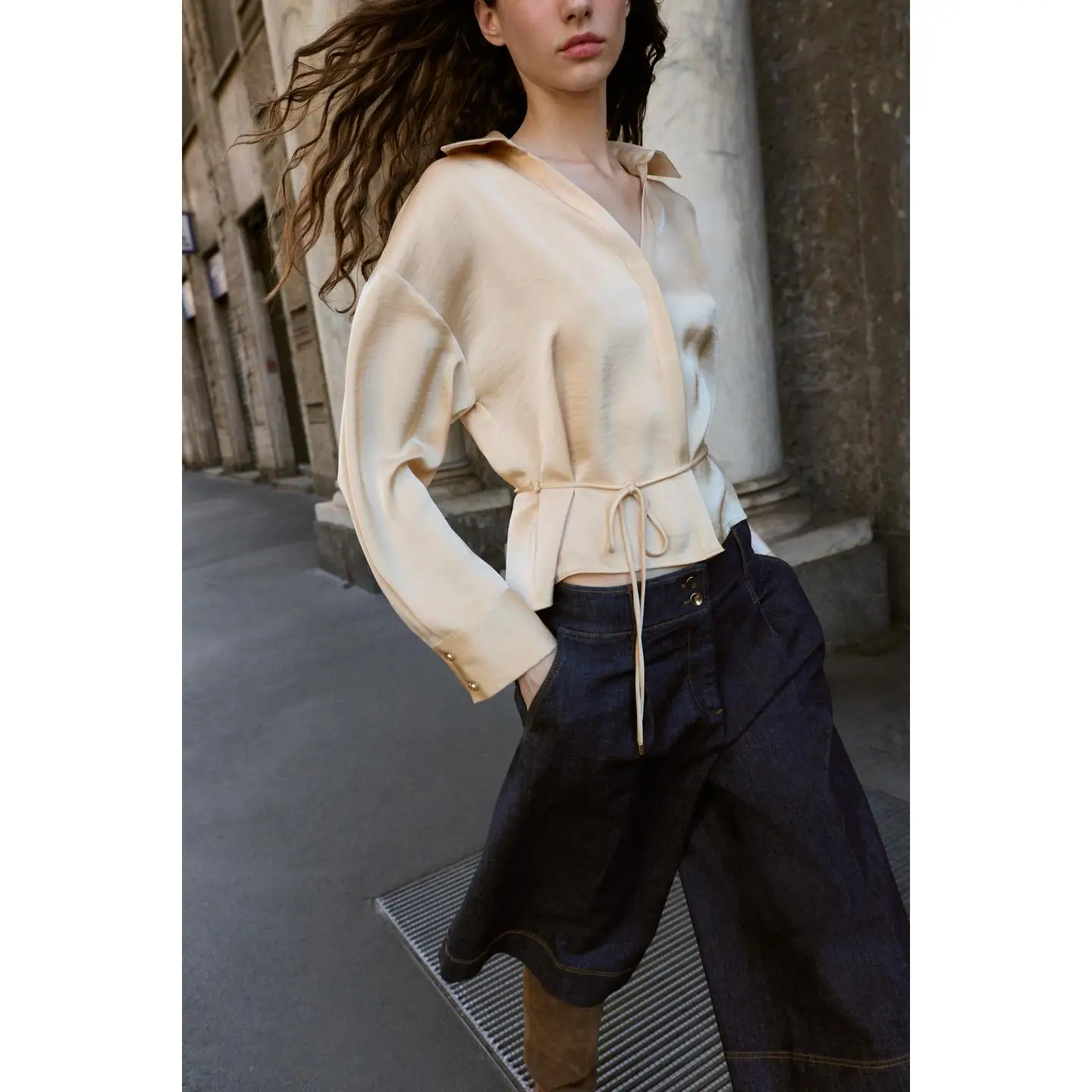 

Шелковый атлас Long Sve irt French Sle Прямой крой V Ne Декоративный пояс Женская модная деловая одежда премиум-класса