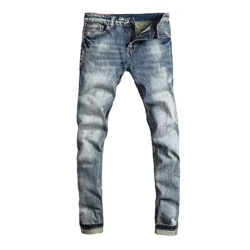 Nowo designerskie modne dżinsy męskie sprany niebieski Retro elastyczne Slim Fit porwane jeansy męskie spodnie modny projektant spodnie dżinsowe Hombre