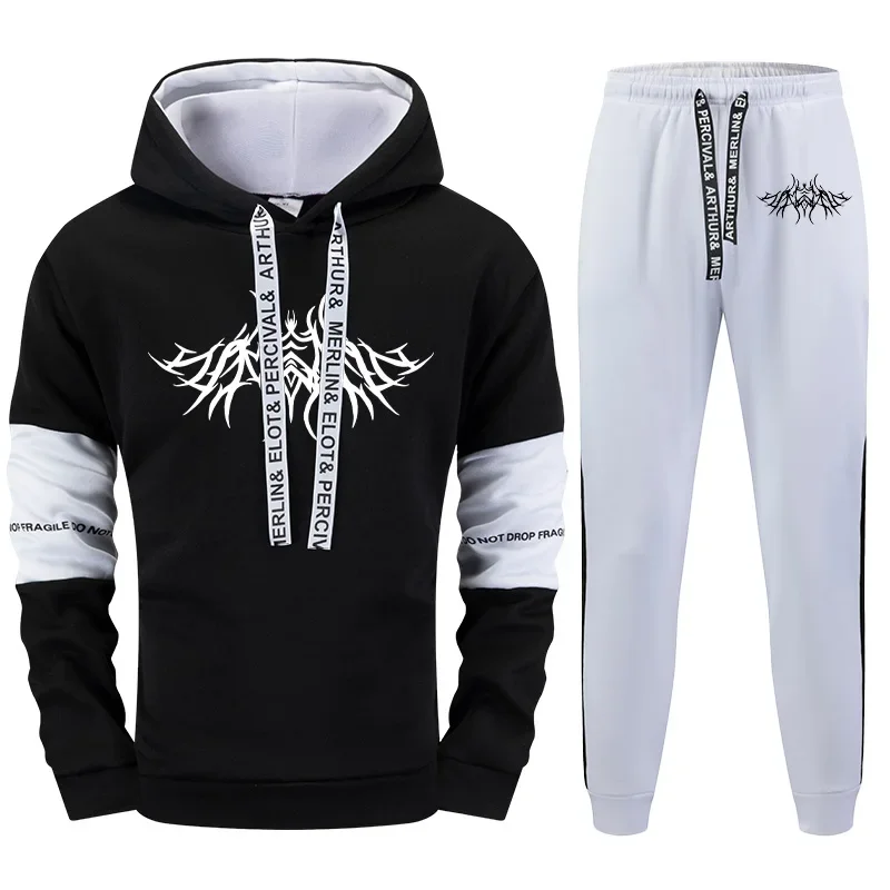 

Mens Tracksuit Casual Classic Black White Hooded Sweatshirt Sweatpants Jogging High Quality Fashion Print Versatile Tops Pants