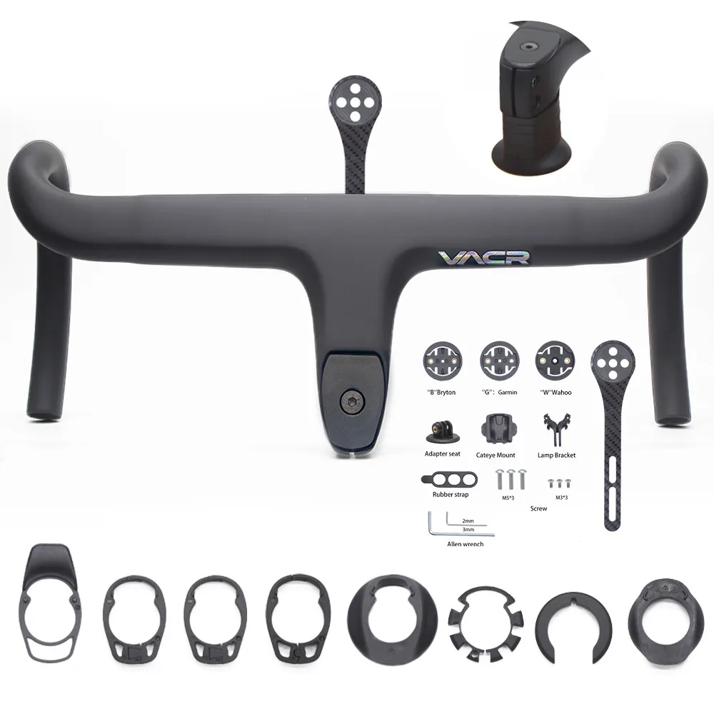 VACR Official Integrated Carbon Fiber Road Bike Drop Handlebar 28.6mm Internal Routing Black, With Spacers & Computer Mount
