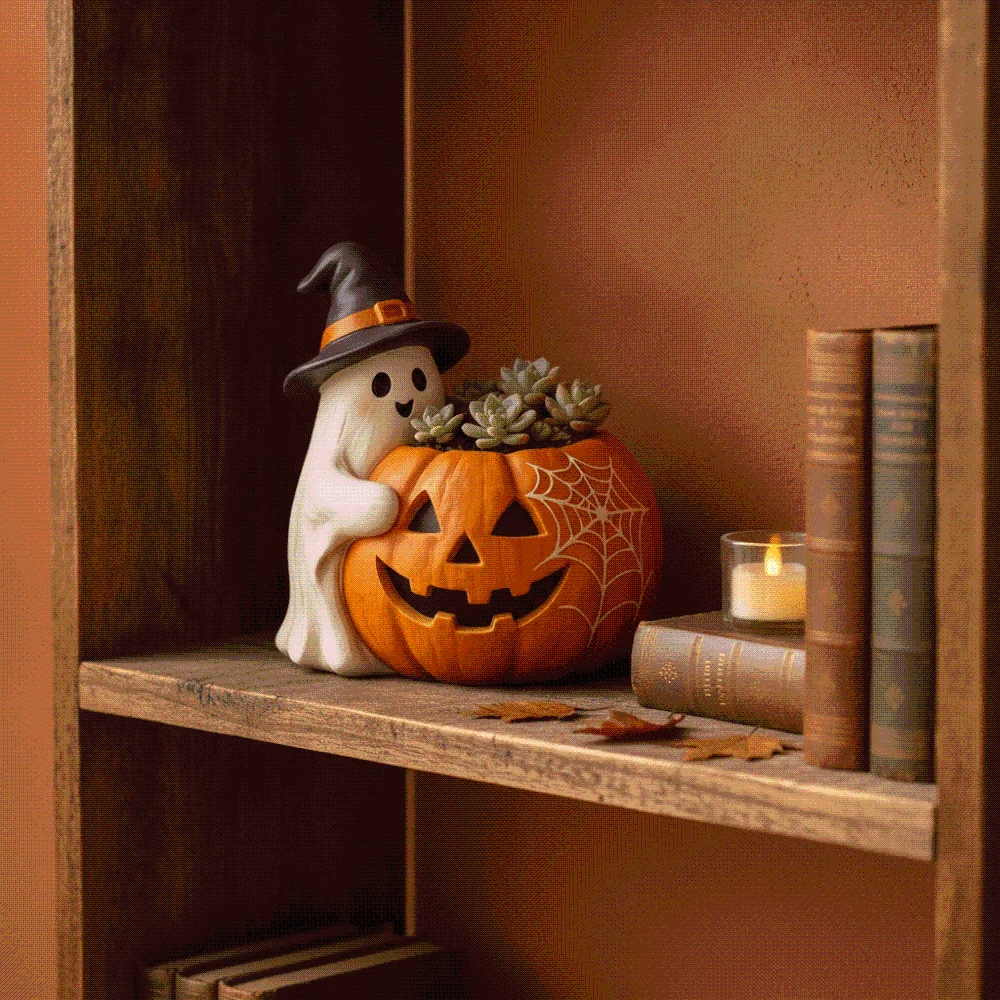 Orange Ghost Pumpkin Pen Holder Molded Compact Resin Desktop Organizer Flat-Base Sturdy Multifunctional Flower Pot Students