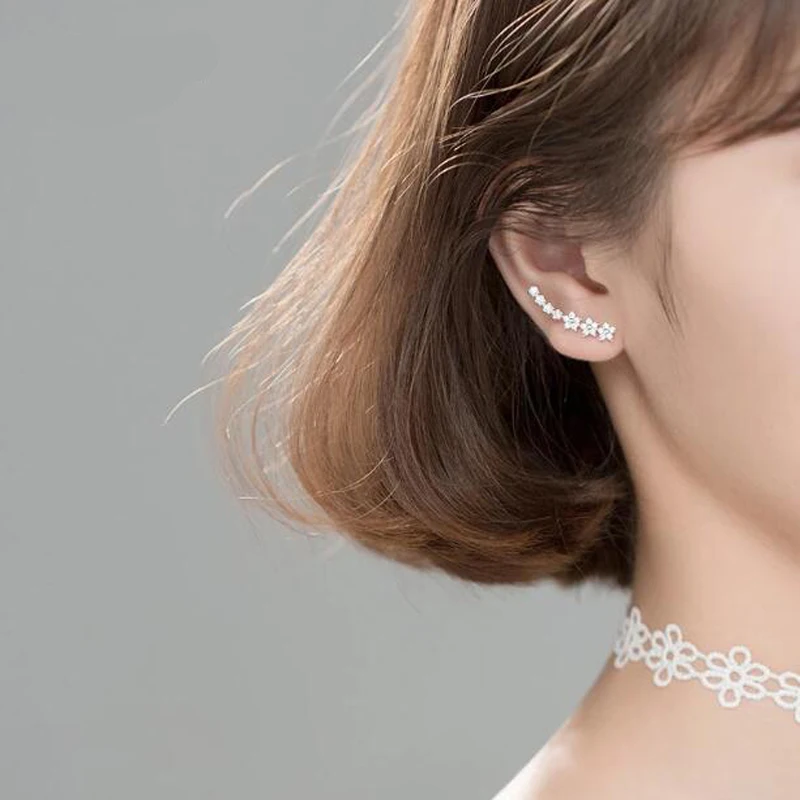 100% Real 925 Sterling Silver Bling Aaa Zirconia Star Ear Climber Earring for Women Cute Ear Crawler Earring Free Shipping E0012