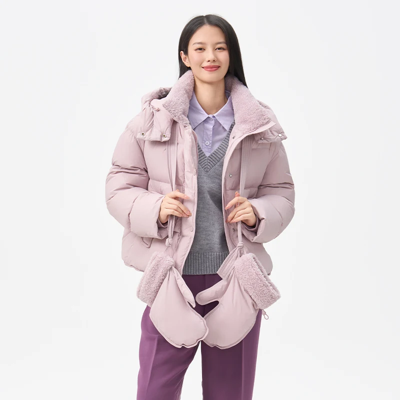 Chericom Women's Down Coat Short Lamb Wool Patchwork Detachable Hood Winter Thickness Coat Windproof Warm Down Jacket Y318180Y