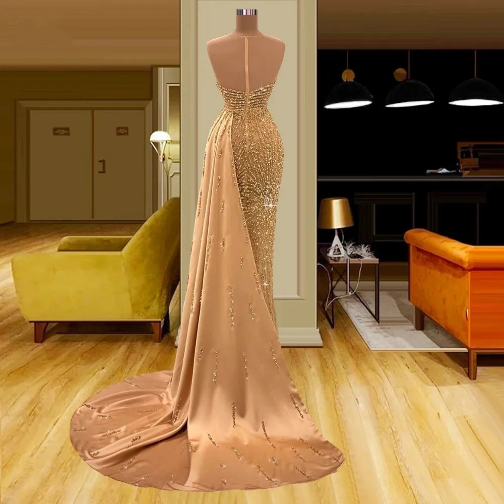 Gold Sheath Gown Prom Dresses Strapless Sleeveless Sequins Lace Party Dresses Plus Size Custom Size Colour Evening Dresses