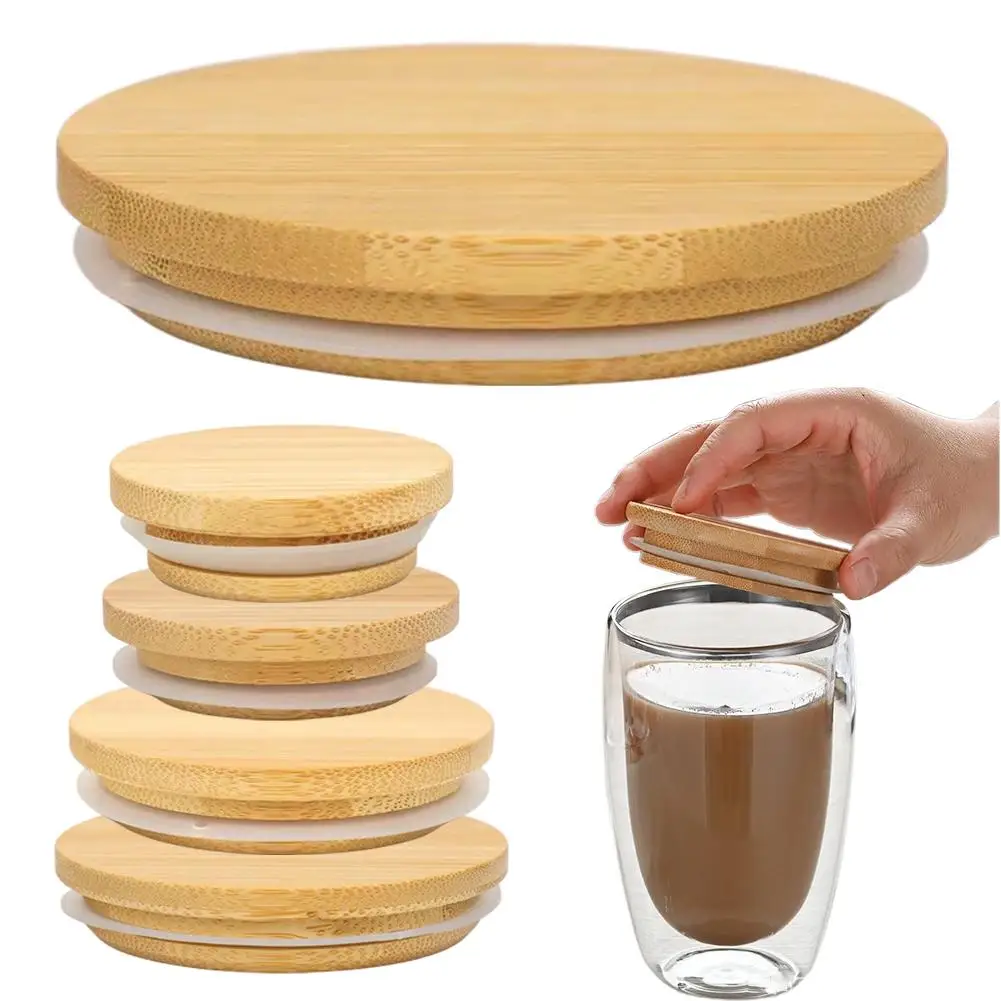 Reusable Seal Ring Pine Wooden Lid Caps for Glass Jars Ceramic Mug Bamboo Mason Jar Storage Canning Lids Drinking Cup Covers