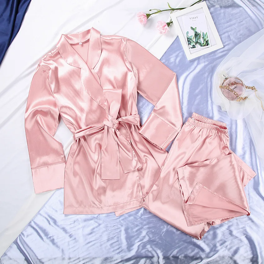 

Sleep Set Spring Lapel Nightwear Satin Women Loungewear 2PCS Pajamas Suit With Split Pants Turn-down Collar Home Clothes Pyjamas