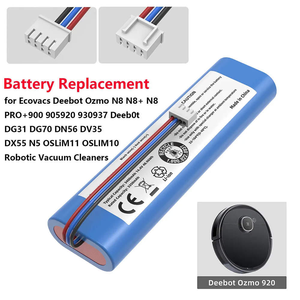 Replacement 14.4V 3400mAh Li-ion Battery for Ecovacs Deebot N8 N8+ N8 Pro Ozmo 900 920 930 937, Long Runtime, Easy Install
