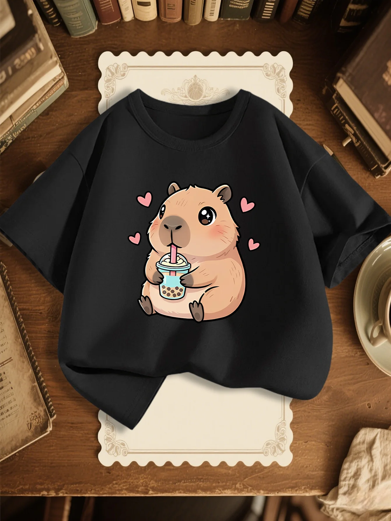 Family Matching T Shirt Capybara Bubble Tea Heart Print Boys Girls Cotton Short Sleeve Parent Kid Sweet Casual Tops