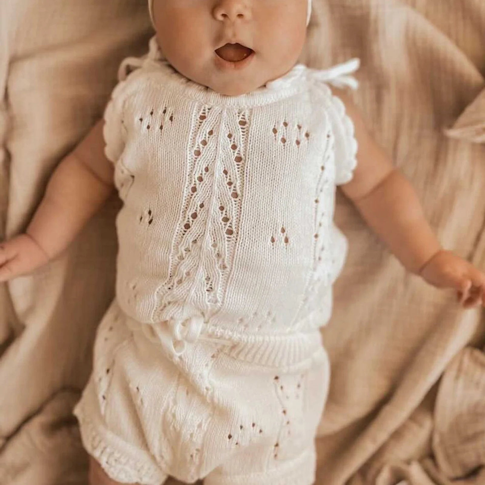 Kids Baby Summer Clothes for Newborn Baby Boys Girls Solid Lace-up Knitted Backless Rompers+Drawstring Shorts Beach Outfits Sets