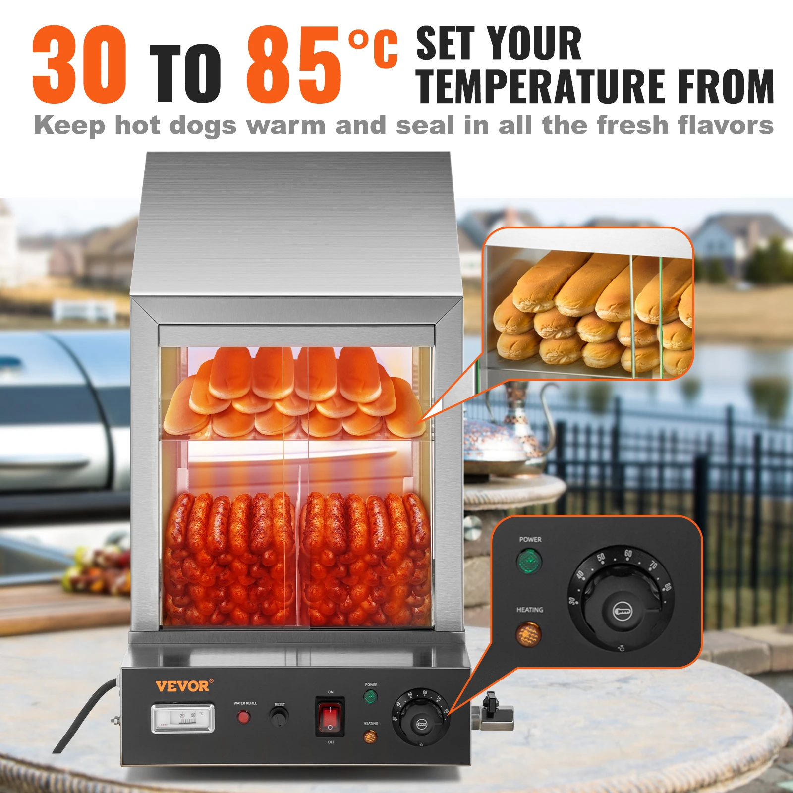 VEVOR 2-Tier Hot Dog Machine for 200 Hotdogs & 42 Buns Electric Bun Warmer Cooker with Rotary Knob Temp Display 7.5 L Water Tank