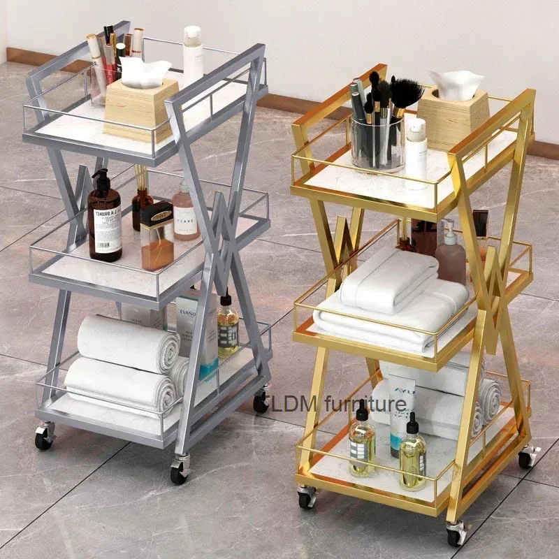 Modern Iron Salon Trolleys Beauty Salon Tool Cart with Wheels Nordic Salon Furniture Professional Auxiliary Trolley Storage Rack