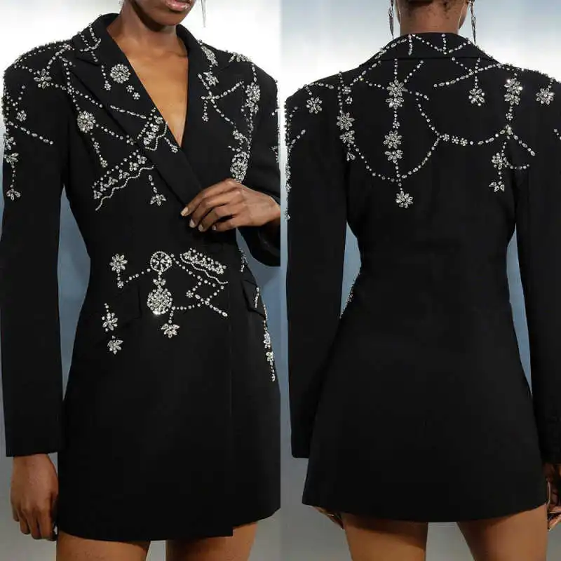 

﻿ Luxury Rhinestone Women Suits 2 Pieces Blazer Pant Single Breasted Bead Crystal Street Special Occasion Party Prom Customized