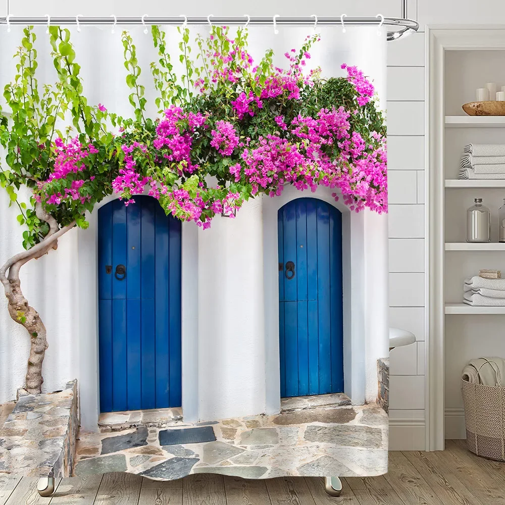 Greek Town Street Scenery Shower Curtain Blue Wooden Doors Flower Plant Bathroom Decor Hanging Curtain Bathtub Screen with Hooks