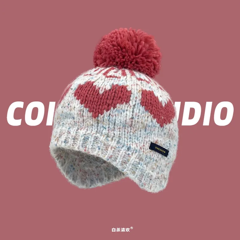 جديد الكورية جزيرة المعرض نمط الحب الجاكار شعري سدادات حماية الأذن محبوك قبعة المرأة الخريف والشتاء الدافئة الجمجمة قبعة قبعة #3