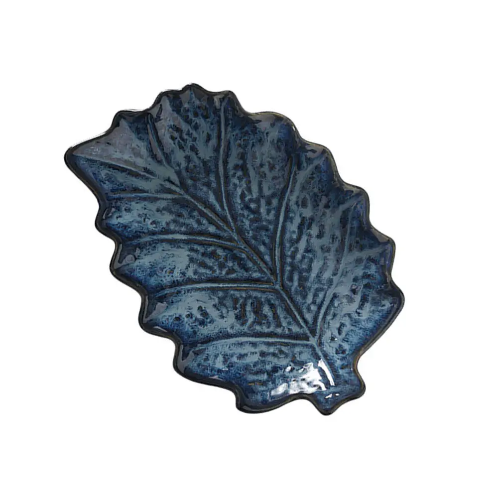 1Pcs Leaf Shaped Ceramic Plate Blue Glazed Food Serving Tray for Sushi Fish Snacks Appetizers Japanese Style Dinner Party