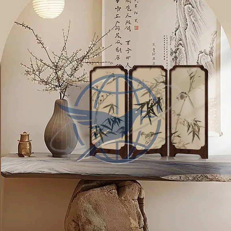 Medieval ink bamboo small screen desktop ornament new Chinese office tea table porch cabinet decoration retro painting