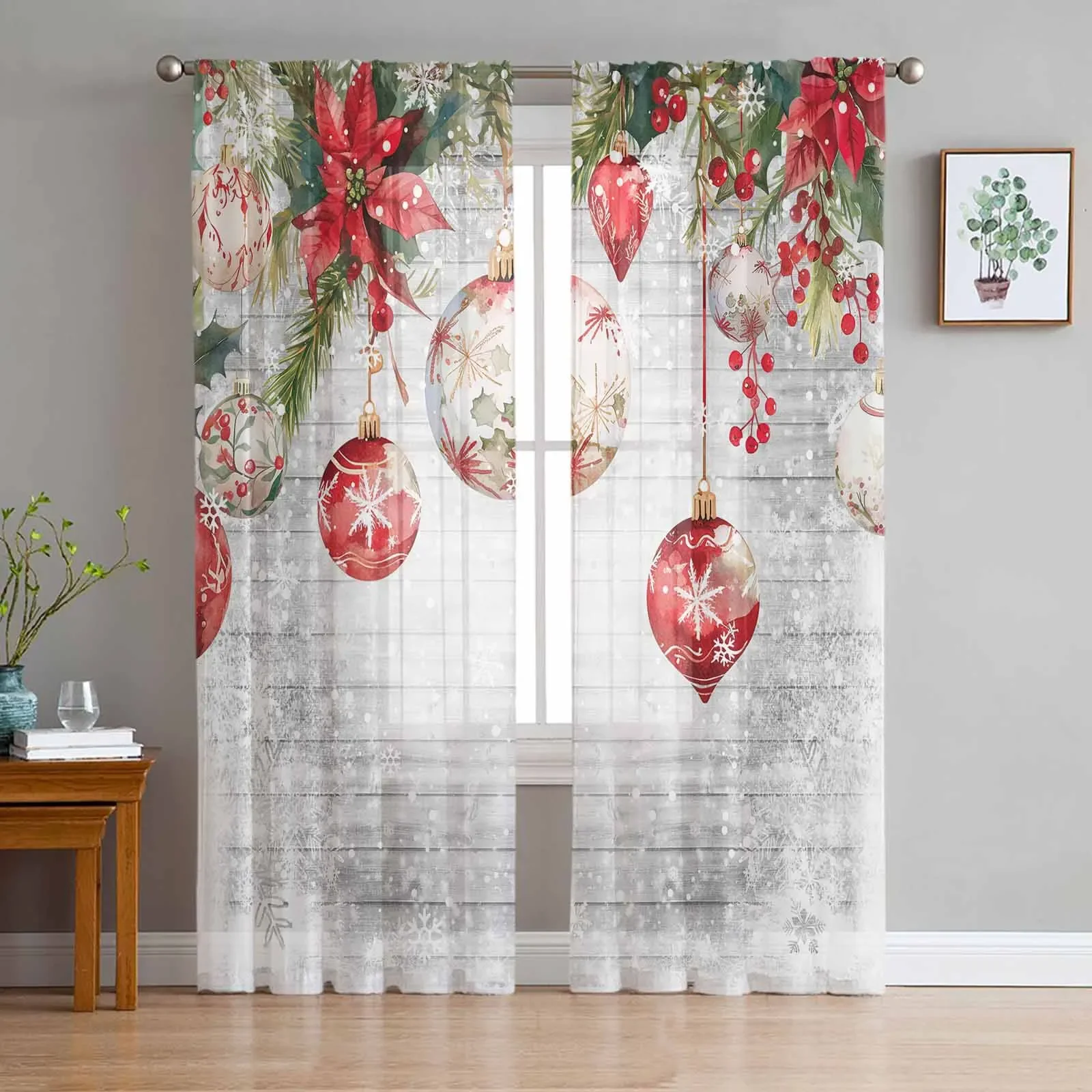 Christmas Winter Poinsettia Sheer Curtains for Bedroom Living Room Decoration Window Curtain Kitchen Tulle Voile Organza Drapes