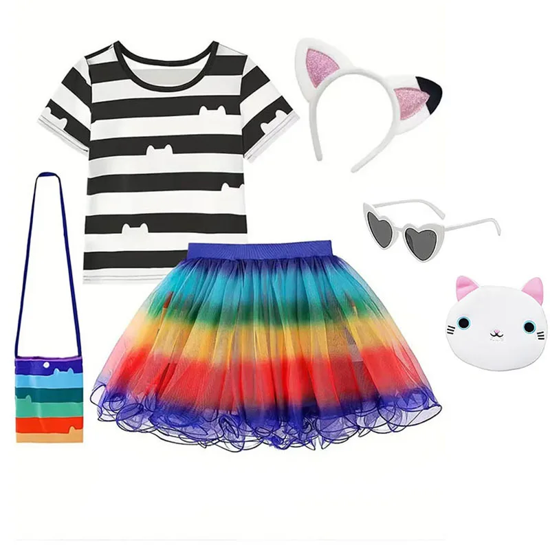 2026 Purim Costume Cartoon Cat Cosplay Outfits Rainbow Top+Tutu Dress+Bag Sets For Children Carnival Birthday Party Girl Costume