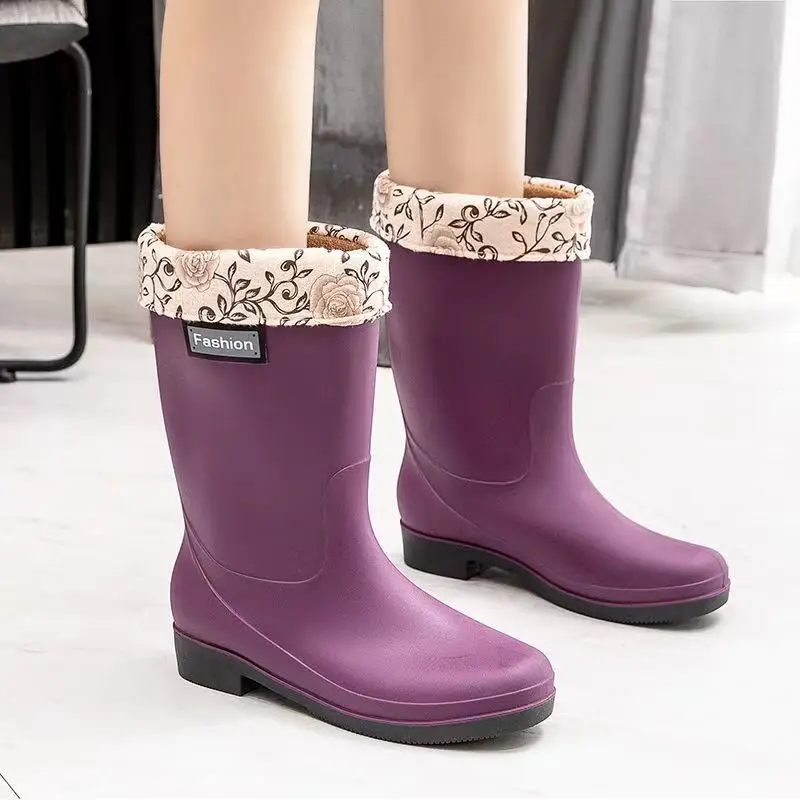 New Women's High Top Mid-Calf Low Heel Rain Shoe  Soft Sole Non Slip Waterproof Detachable Cotton Cover Work Shoes